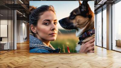 A woman with dark hair and a blue jacket looks directly at the camera while petting her brown and black dog in a field of grass at sunset Wall mural