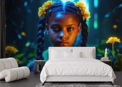 A young girl with braids and yellow flowers in her hair looks directly at the camera in a forest setting Wall mural