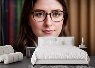 A young woman wearing glasses and standing in front of a bookshelf. Wall mural