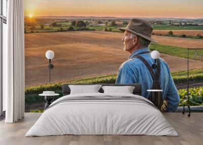 An older man stands on a hill overlooking a vast field at sunset Wall mural