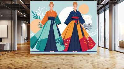 Illustration of two women in colorful kimonos stand against a blue background with floral accents Wall mural