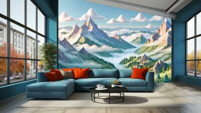 Majestic Mountain Landscape With Lush Valleys and Rolling Clouds at Sunrise Wall mural