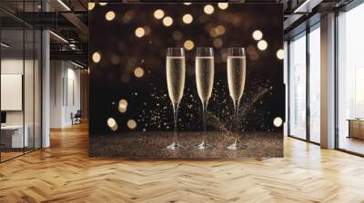 Three champagne flutes are filled with sparkling wine and are sitting on a table Wall mural