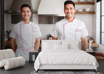 Two chefs standing in a kitchen, wearing white chefs coats and white hats. Wall mural