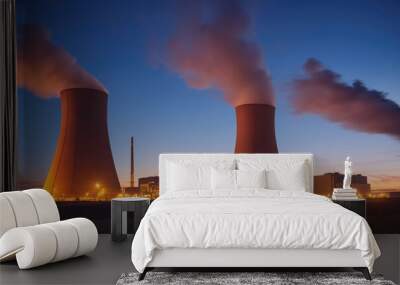 Two large cooling towers release steam into the evening sky above a power plant Wall mural