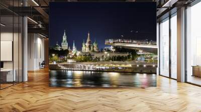 movement of water and motor transport on the river and embankment near the Kremlin and Moscow river from Zaryadye urban landscape park. Moscow, Russia Wall mural