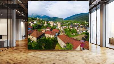 Panoramic view of Svan Towers in Mestia, Svaneti region, Georgia. It is a highland townlet in the northwest of Georgia, at an elevation of 1500 meters in the Caucasus Mountains. Wall mural