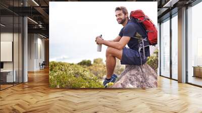 Hiking, mountain and man rest on a rock thinking after exercise, workout and fitness in nature for wellness. Travel, vacation and male person or athlete smile at a view after training and trekking Wall mural