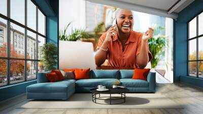 Phone call, laugh and business black woman in office for contact, connection and network. Corporate, communication and happy female worker on smartphone for funny conversation, discussion and chat Wall mural