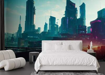 Concept art illustration of skyline of cyberpunk city Wall mural