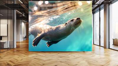 Eurasian otter diving and swimming underwater Wall mural