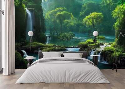 Illustration of beautiful fantasy river landscape with waterfalls Wall mural