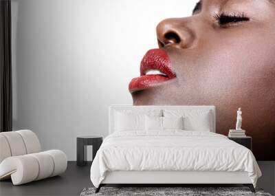 African, beauty and lipstick on face with makeup in studio on white background with glow on skin from dermatology. Calm, model and black woman relax with cosmetics or skincare closeup in mockup space Wall mural