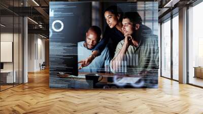 Team of programmers writing digital code in the metaverse and working together on the internet. Group of web designers developing a cybersecurity website, app or software late at night in the office Wall mural