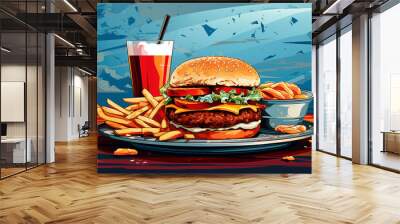 American dinner, hamburger for two, solid background, space for tex  Wall mural