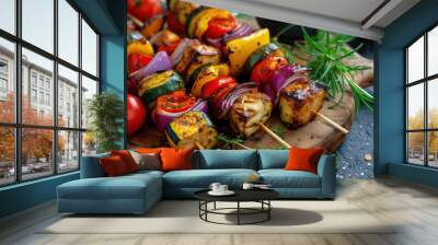 Grilled vegetable kebab with various sauces Wall mural