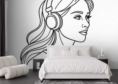 continuous single line drawing of young woman wearing headphones listening to music, line art vector illustration
 Wall mural