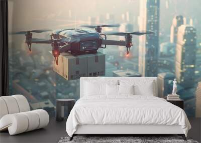 Autonomous Delivery Drone Hovering Over City with Package Wall mural