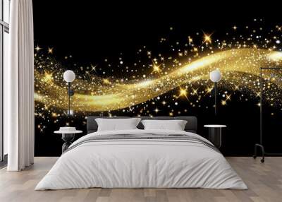  A black background with gold stars on the left side and a wave of gold sparkles, a separate element from the stars, on the right side Wall mural