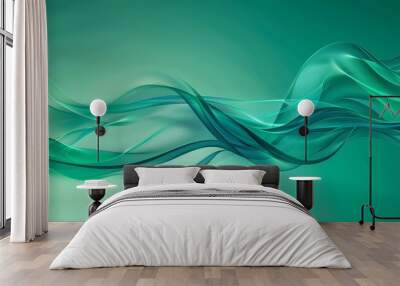  A blue-green abstract backdrop features wavy lines on its left side The right side consists of a light green background Wall mural