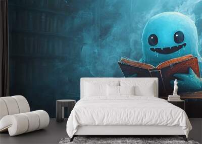  A blue specter reads, candle aglow before an stacked bookshelves Wall mural