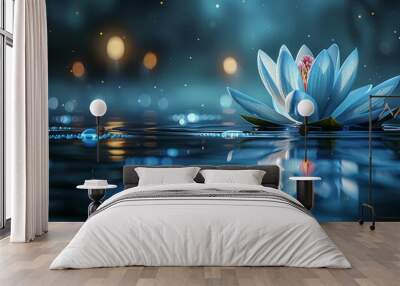   A blue water lily floats atop tranquil waters, surrounded by numerous background lights Wall mural