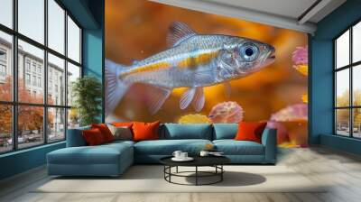  A clear photo of a fish swimming in a calm pond, surrounded by vividly colored flowers Wall mural