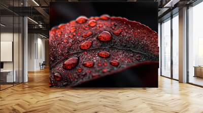  A close-up of a red leaf with water droplets on its surface The leaves are dotted with water beads Wall mural