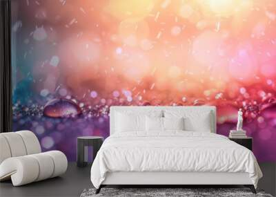  A collection of water droplets resting atop a purplish-blue surface with indistinct, radiant backlights Wall mural