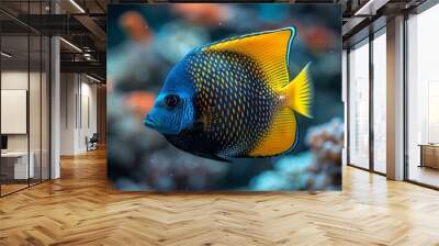  A detailed image of a vibrant blue-yellow fish resting amidst lively corals and clear water, capturing its essence in a captivating close-up Wall mural