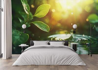  A drop of water atop a green leaf, ground covered, sun shines through leaves and surfaces of water droplets Wall mural