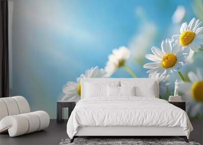  A field of blue sky dotted with white daisies, sun shining overhead in midday Wall mural