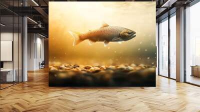  A fish swims in the water beside rocks and a pebbled bottom Wall mural