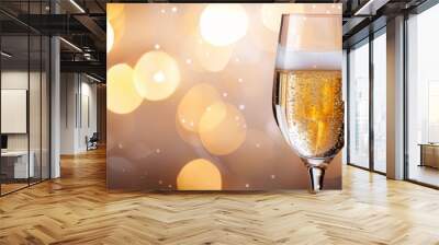  A glass of champagne on a table, surrounded by a softly blurred backdrop of twinkling lights Wall mural