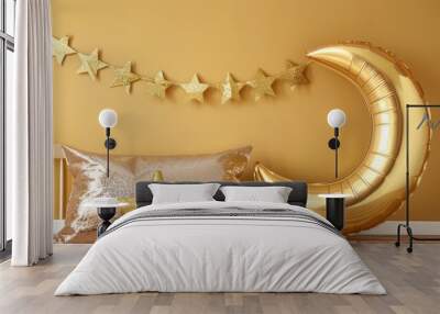   A gold star-and-crescent balloon nearby a pillow adorned with a similar gold decoration Wall mural