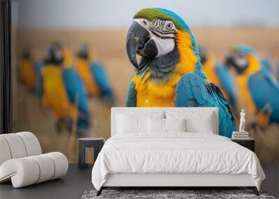  A group of blue-and-yellow macaws stands before a field of brown grass, against a backdrop of a blue sky Wall mural