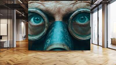  A man dons a gas mask and goggles with large, rounded metal frames and glass lenses Wall mural