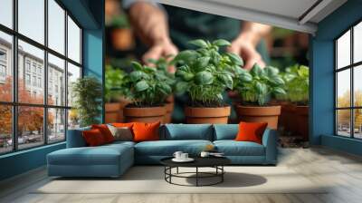   A man in a green apron holds a row of potted basil plants Wall mural