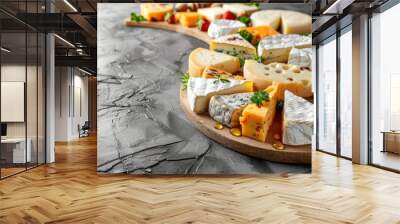   A marble countertop hosts two wooden platters, one laden with various cheeses Wall mural