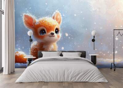  A painting of a baby fox in the snow, with an orange ball before its snout Wall mural