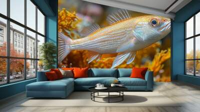  A photo of a fish in front of corals, with water visible in the foreground Wall mural