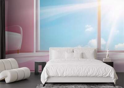  A pink room featuring a pink chair and yoga mat aligned before a window overlooking the sky Wall mural