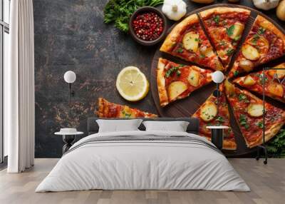  A pizza atop a wooden cutting board; nearby, a bowl of veggies and two pizzas sliced, one on each board Wall mural