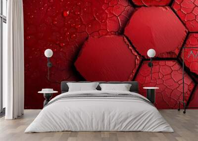  A red abstract background with hexagons and drops of water at the bottom of each hexagon Wall mural