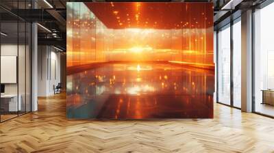  A room teeming with numerous glass walls, culminating in a sky awash with vibrant yellow and orange lights at its terminus Wall mural