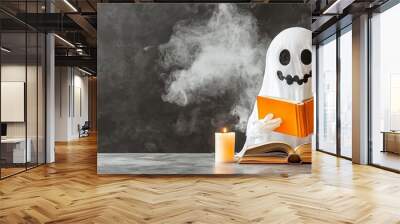  A spectral figure reads, candled light casting shadows on an arrayed selection of books before it Wall mural