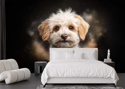  A tight shot of a canine's visage, with specks of dust emerging, against a uniformly black backdrop Wall mural