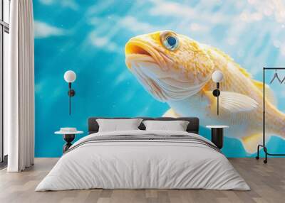  A tight shot of a fish submerged in water, illuminated by a sideways beam of light Wall mural