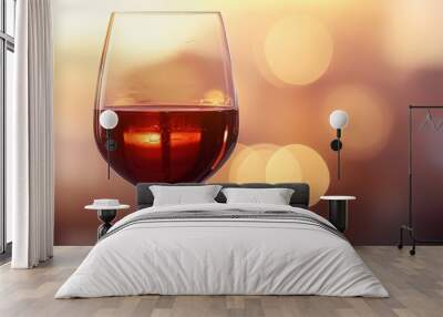  A tight shot of a glass filled with wine on a table, surrounded by softly blurred background lights Wall mural