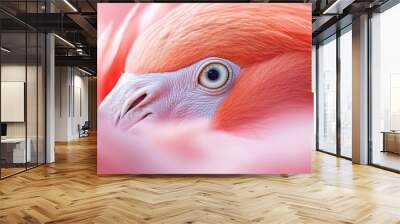  A tight shot of a pink flamingo's face with feathers rustling in the wind behind Wall mural